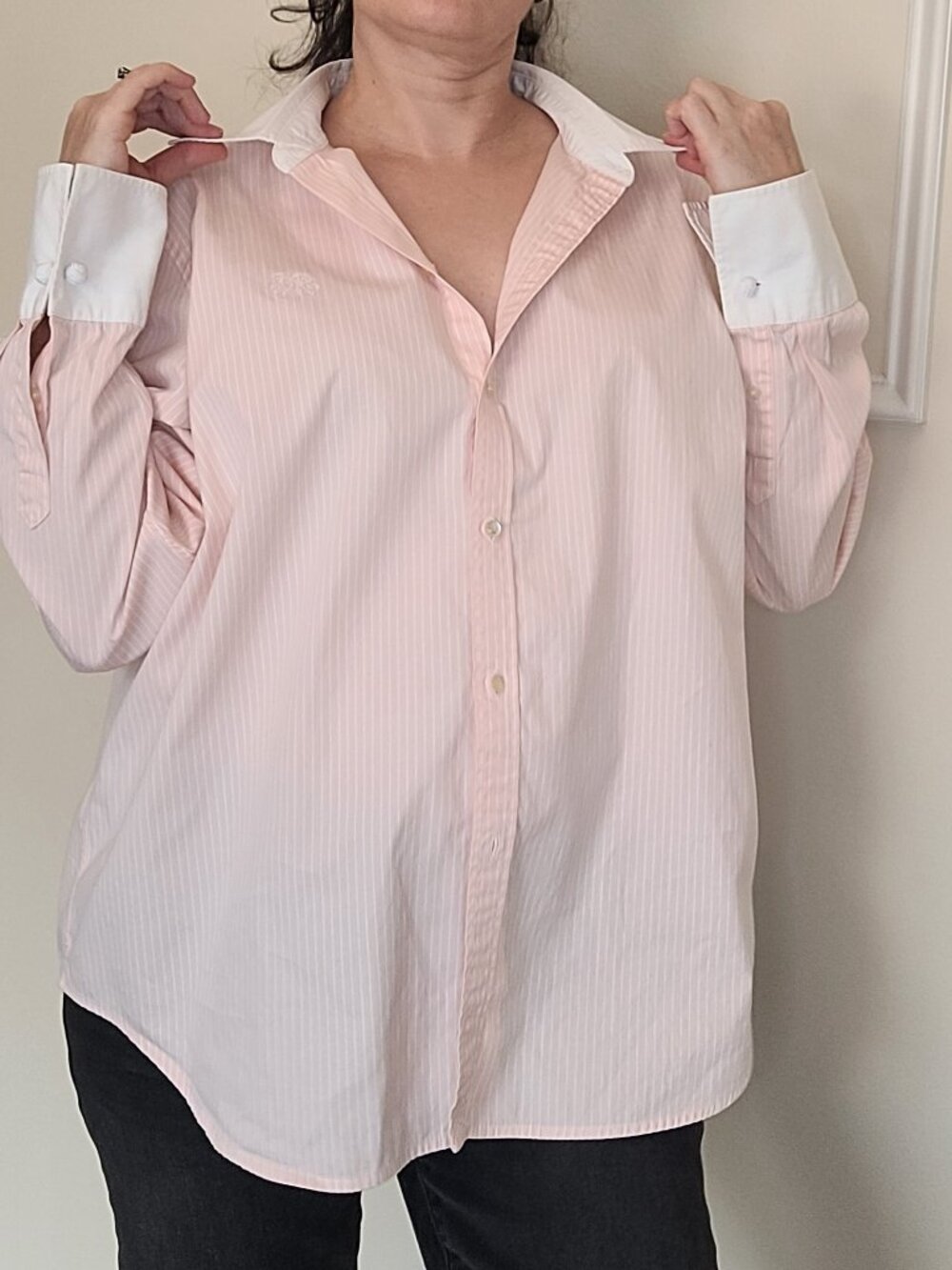 Vintage Rare Women's Lauren Ralph Lauren Pink Striped Button Down Shirt XL